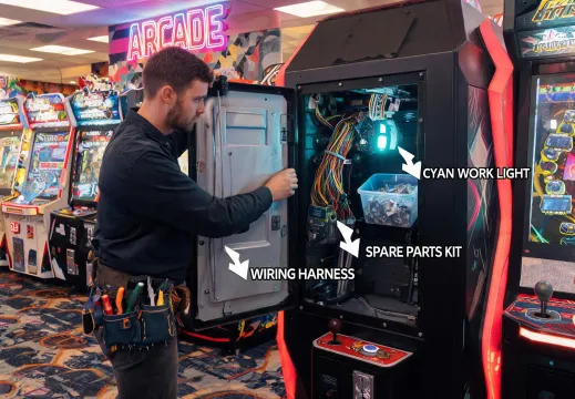 Technician servicing arcade cabinet